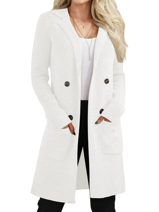 Jackets & Blazers - Women's White Long Knit Cardigan Open Front Coatigan Lapel Button Pocket Sweater